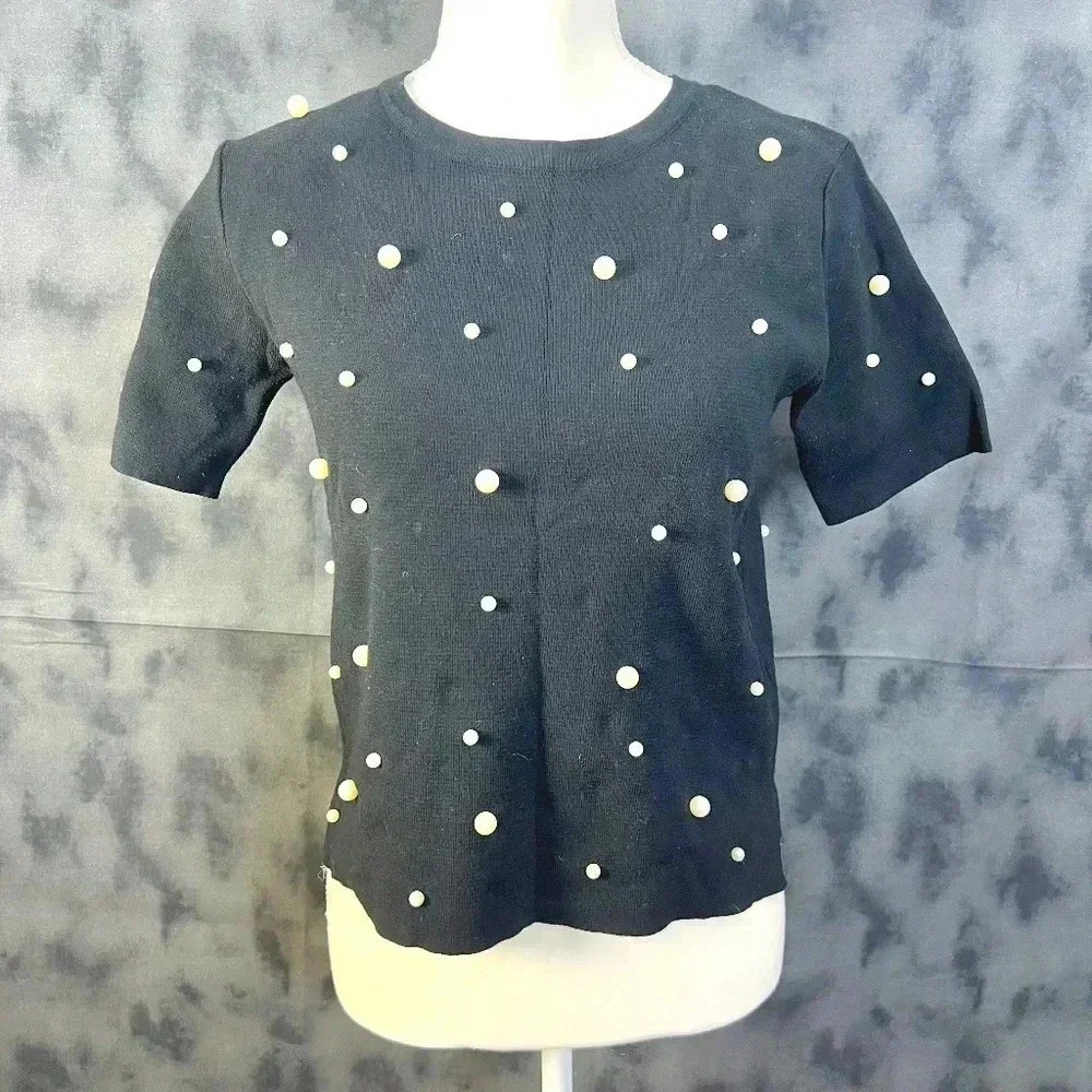 Zara Pearl Embellished Black Knit Short Sleeve Top Size S - Picture 1 of 7